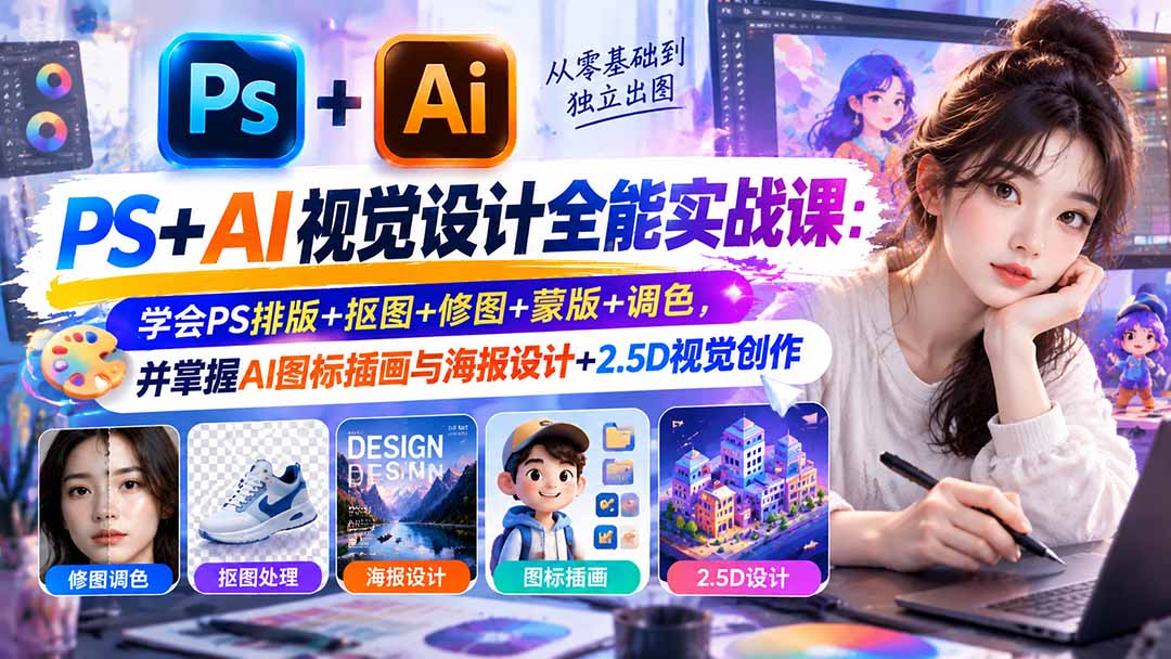 （20749期）【无水印】PS+AI视觉设计全能实战课：学会PS排版+抠图+修图+蒙版+调色，并掌握AI图标插画与海报设计+2.5D视觉创作-赛德副业库