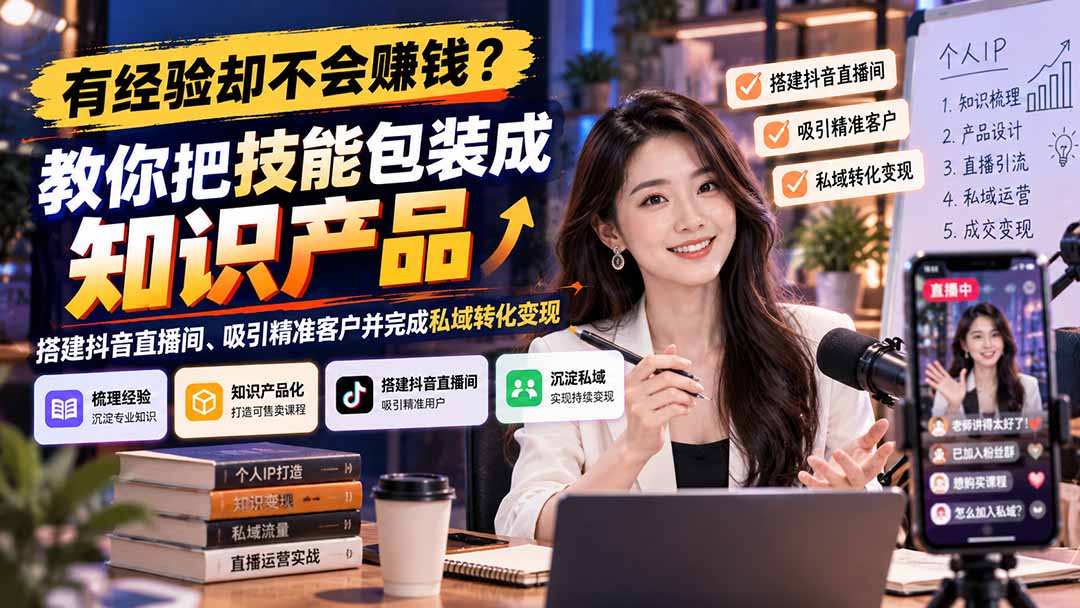 (21268期)有经验却不会赚钱?教你把技能包装成知识产品,搭建抖音直播间、吸引精准客户并完成私域转化变现-赛德副业库