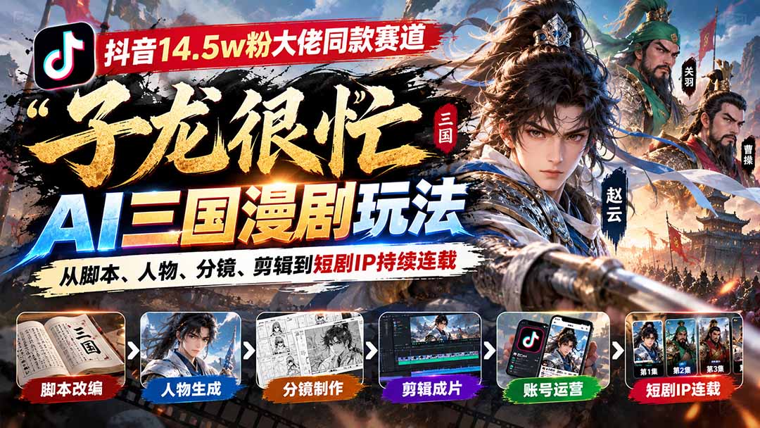 （20818期）抖音14.5w粉大佬同款赛道「子龙很忙」AI三国漫剧玩法：从脚本、人物、分镜、剪辑到短剧IP持续连载-赛德副业库