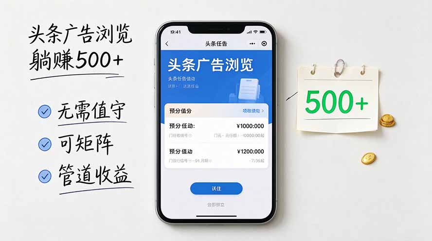 (20835期)头条广告浏览躺赚500+无需值守,可矩阵并附有管道收益-赛德副业库