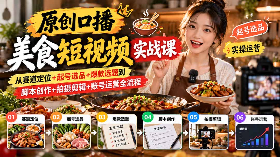 (20786期)原创口播美食短视频实战课:从赛道定位+起号选品+爆款选题到脚本创作+拍摄剪辑+账号运营全流程-赛德副业库