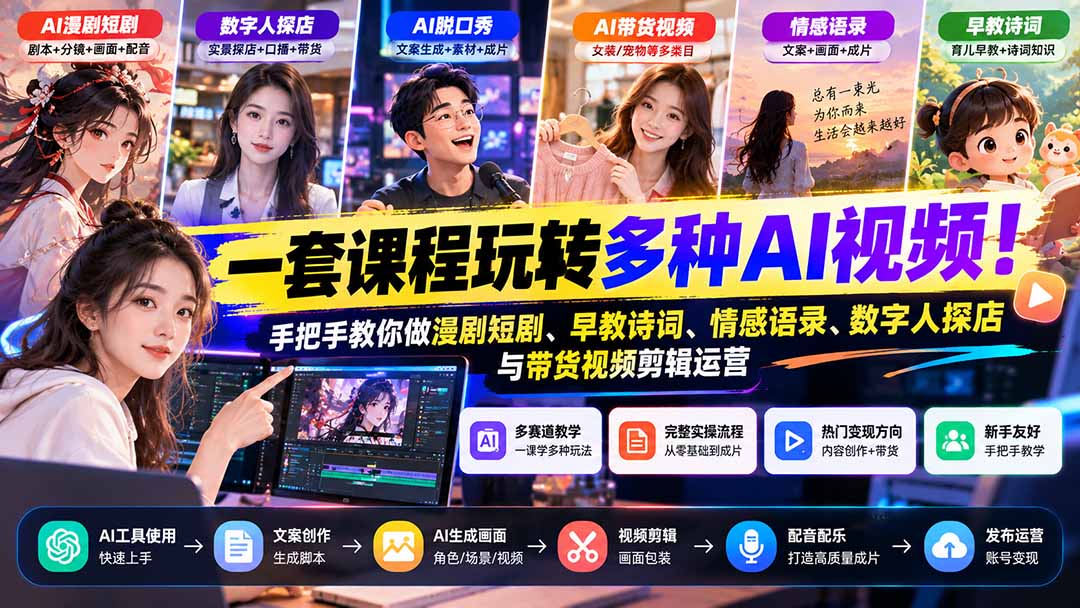 (21271期)【无水印】一套课程玩转多种AI视频!手把手教你做漫剧短剧、早教诗词、情感语录、数字人探店与带货视频剪辑运营-赛德副业库