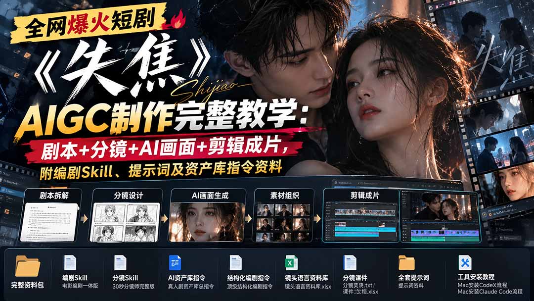 (20805期)全网爆火短剧《失焦》AIGC制作完整教学:剧本+分镜+AI画面+剪辑成片,附编剧Skill、提示词及资产库指令资料-赛德副业库