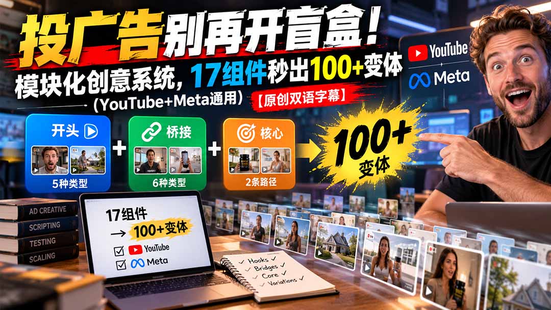 (20840期)投广告别再开盲盒!模块化创意系统,17组件秒出100+变体(YouTube+Meta通用)【原创双语字幕】-赛德副业库