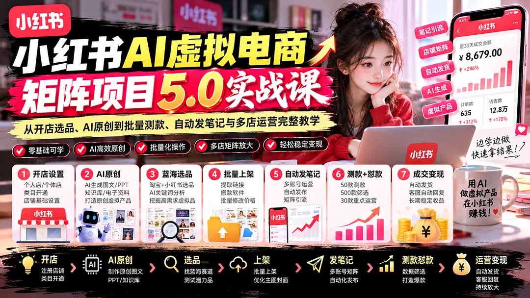 (21273期)小红书AI虚拟电商矩阵5.0实战课:从开店选品、AI原创到批量测款、自动发笔记与多店运营完整教学-赛德副业库