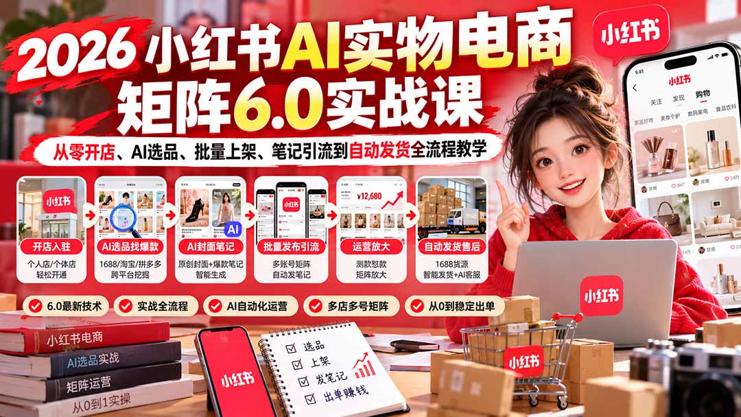 (21274期)2026小红书AI实物电商矩阵6.0实战课:从零开店、AI选品、批量上架、笔记引流到自动发货全流程教学-赛德副业库
