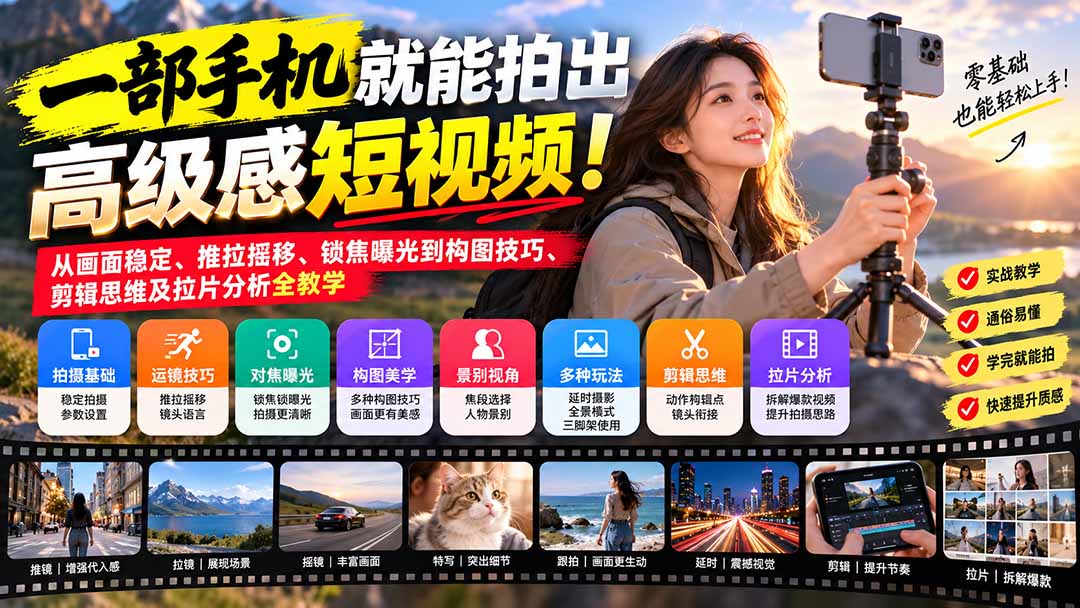 (21272期)一部手机就能拍出高级感短视频!从画面稳定、推拉摇移、锁焦曝光到构图技巧、剪辑思维及拉片分析全教学-赛德副业库
