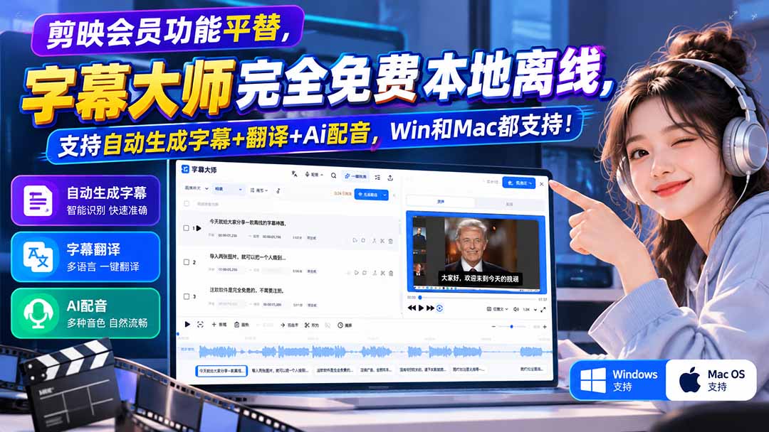 （20902期）剪映会员功能平替，字幕大师完全免费本地离线，支持自动生成字幕+翻译+Ai配音，Win和Mac都支持！-赛德副业库