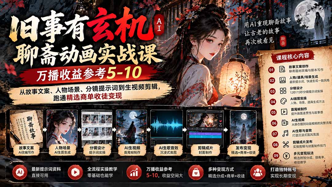 (20789期)旧事有玄机AI聊斋动画实战9月新课:万播收益参考5-10,从故事文案、人物场景到分镜生视频,跑通精选商单收徒-赛德副业库