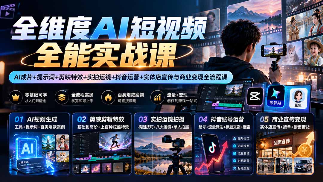 (20768期)【无水印】全维度AI短视频全能实战课:AI成片+提示词+剪映特效+实拍运镜+抖音运营+实体店宣传与商业变现全流程课-赛德副业库