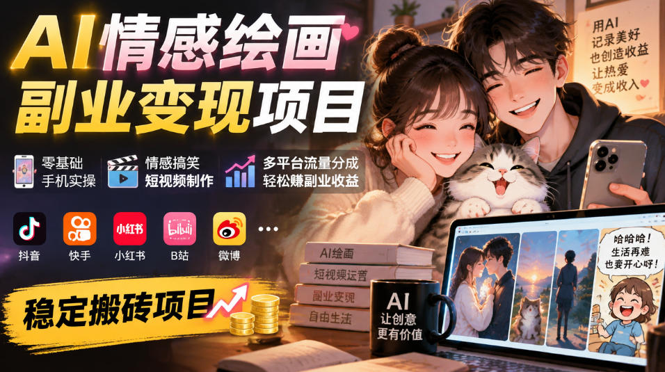 AI情感绘画副业变现项目｜零基础手机实操，情感搞笑短视频制作，多平台流量分成轻松賺副业收益-赛德副业库