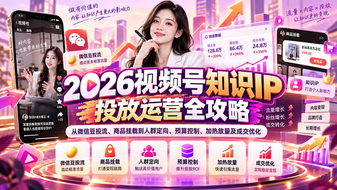 （20860期）2026视频号知识IP投放运营全攻略：从微信豆投流、商品挂载到人群定向、预算控制、加热放量及成交优化-赛德副业库