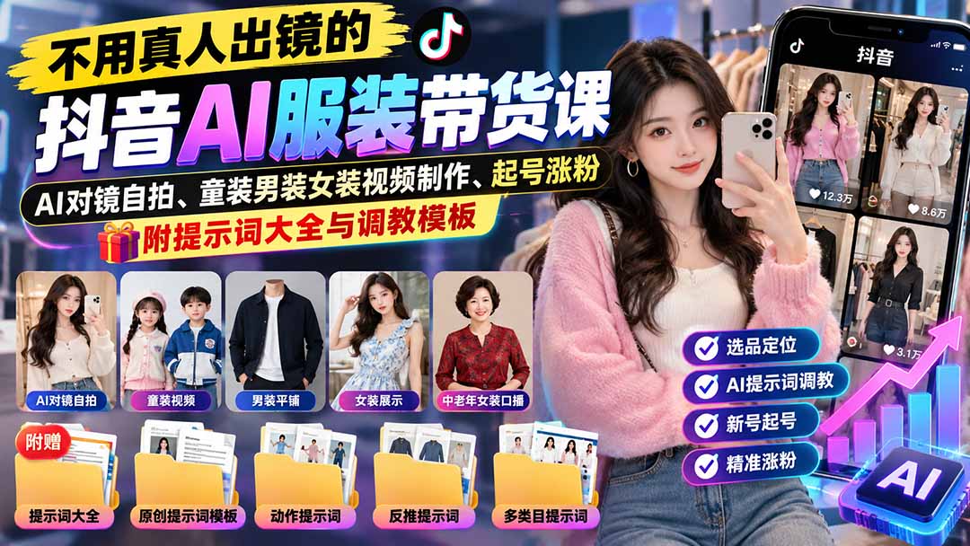 (20960期)不用真人出镜的抖音AI服装带货课:AI对镜自拍、童装男装女装视频制作、起号涨粉,附提示词大全与调教模板-赛德副业库