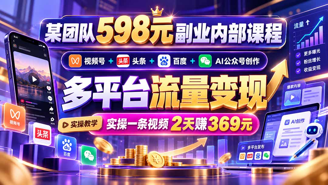 （21238期）某团队598元副业内部课程：视频号+头条+百度+AI公众号创作、多平台流量变现，实操一条视频2天赚369元-赛德副业库