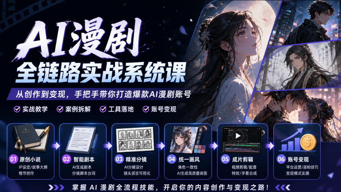 AI漫剧全链路实战系统课|原创小说、智能剧本、精准分镜、统一画风、成片剪辑、账号变现实操教学-赛德副业库