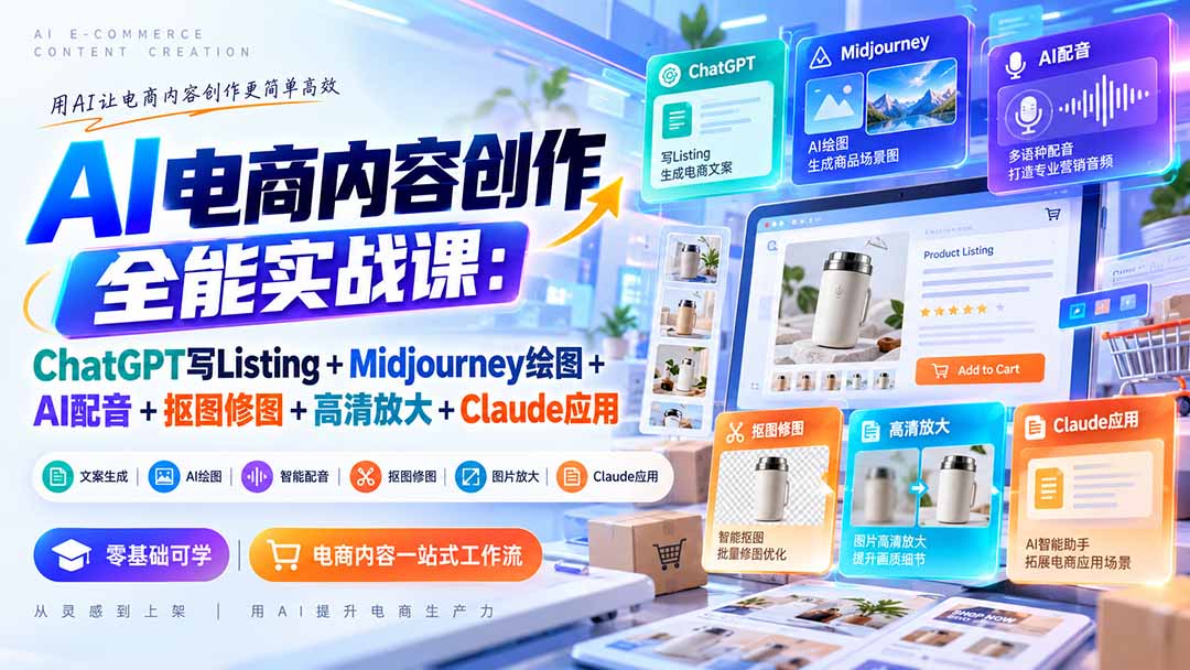 (20770期)【无水印】AI电商内容创作全能实战课:ChatGPT写Listing+Midjourney绘图+AI配音+抠图修图+高清放大+Claude应用-赛德副业库
