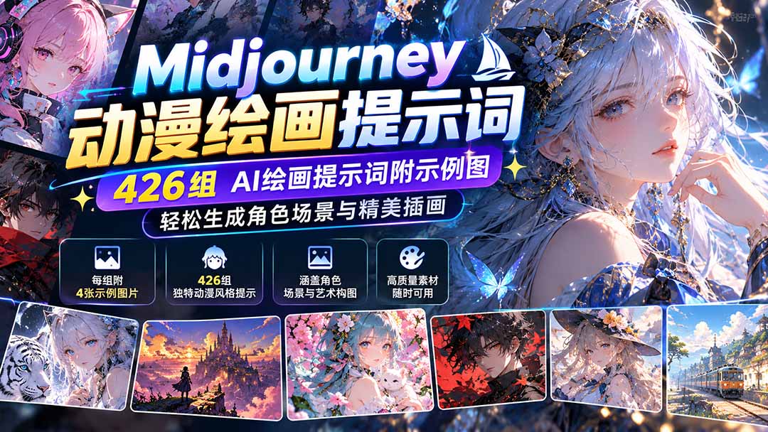 （21239期）Midjourney动漫绘画提示词：426组AI绘画提示词附示例图，轻松生成角色场景与精美插画-赛德副业库