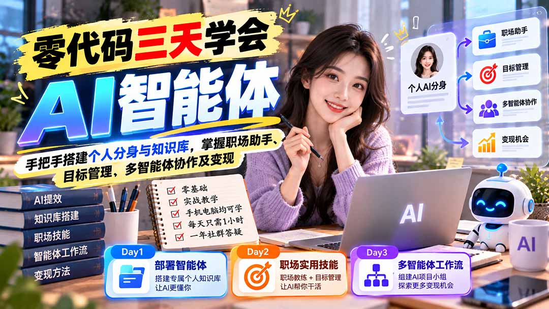 (20978期)【无水印】零代码三天学会AI智能体:手把手搭建个人分身与知识库,掌握职场助手、目标管理、多智能体协作及变现-赛德副业库