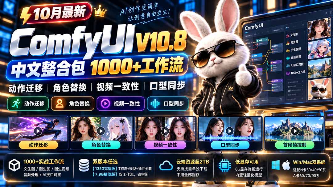 （21240期）10月最新ComfyUI V10.8中文整合包 1000+工作流 动作迁移 角色替换 视频一致性 口型同步 低显存可用-赛德副业库