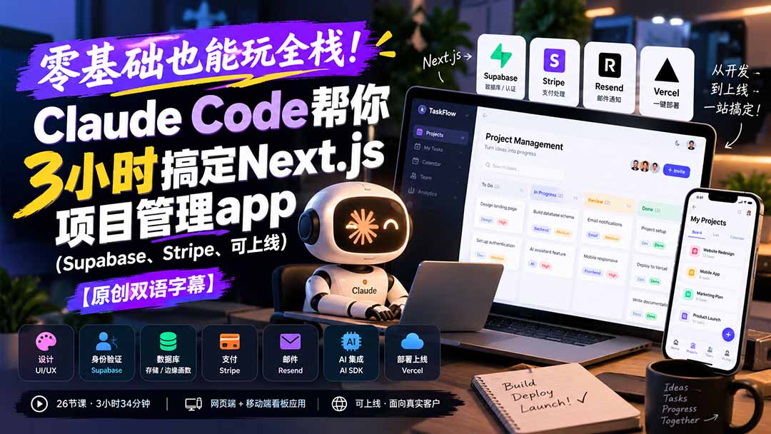 (20907期)零基础也能玩全栈!Claude Code帮你3小时搞定Next.js项目管理app(Supabase、Stripe、可上线)【原创双语字幕】-赛德副业库