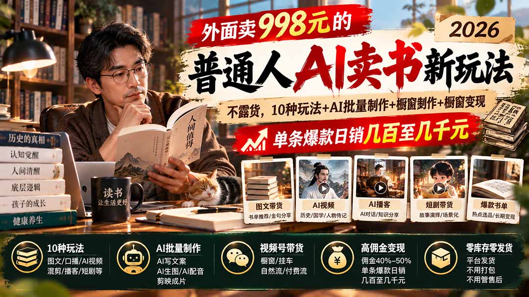 （20909期）外面卖998元的2026普通人AI卖书新玩法：不露脸、不囤货，10种玩法+AI批量制作+橱窗变现，单条爆款日销几百至几千元-赛德副业库