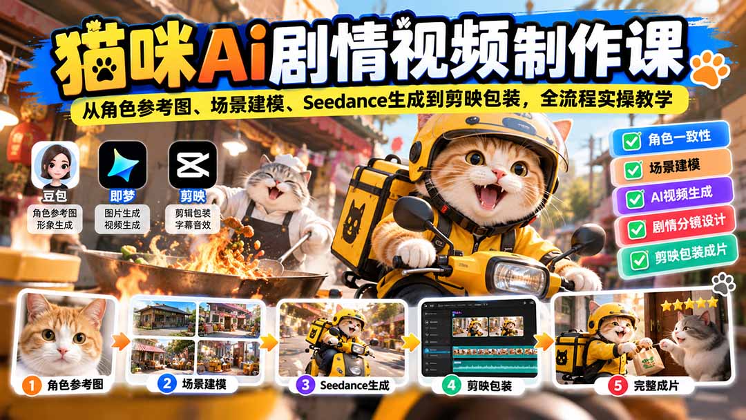 （20793期）猫咪AI剧情视频制作课：从角色参考图、场景建模、Seedance生成到剪映包装，全流程实操教学-赛德副业库