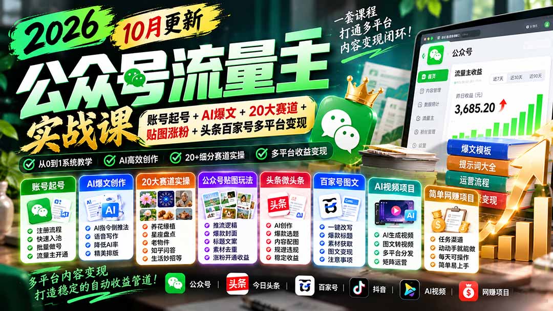 (20878期)2026公众号流量主实战课-10月更新:账号起号+AI爆文+20大赛道+贴图涨粉+头条百家号多平台变现-赛德副业库