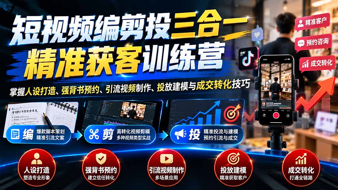 (20910期)短视频编剪投三合一精准获客训练营:掌握人设打造、强背书预约、引流视频制作、投放建模与成交转化技巧-赛德副业库