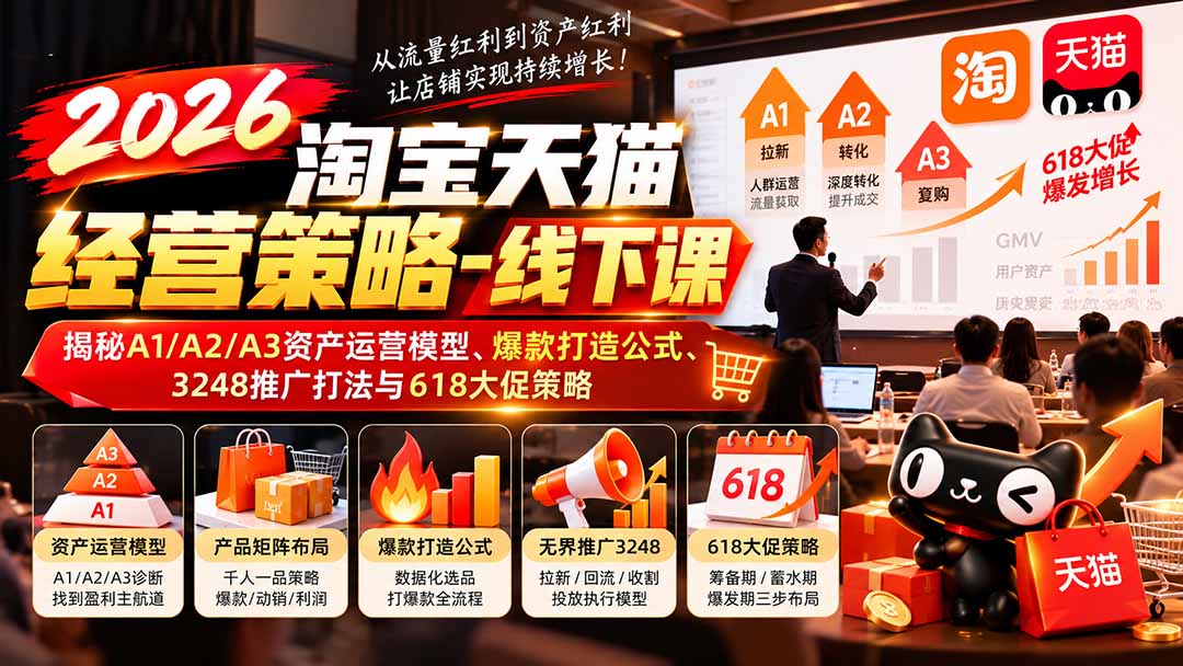 (20912期)2026淘宝天猫经营策略-线下课:揭秘A1/A2/A3资产运营模型、爆款打造公式、3248推广打法与618大促策略-赛德副业库