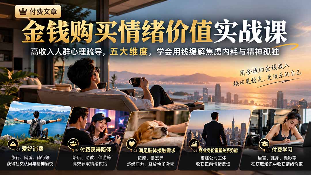 (20941期)付费文章:金钱购买情绪价值实战课|高收入人群心理疏导,五大维度,学会用钱缓解焦虑内耗与精神孤独-赛德副业库