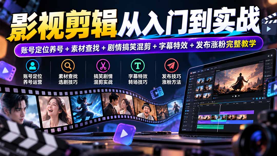 （20812期）影视剪辑从入门到实战：账号定位养号+素材查找+剧情搞笑混剪+字幕特效+发布涨粉完整教学-赛德副业库