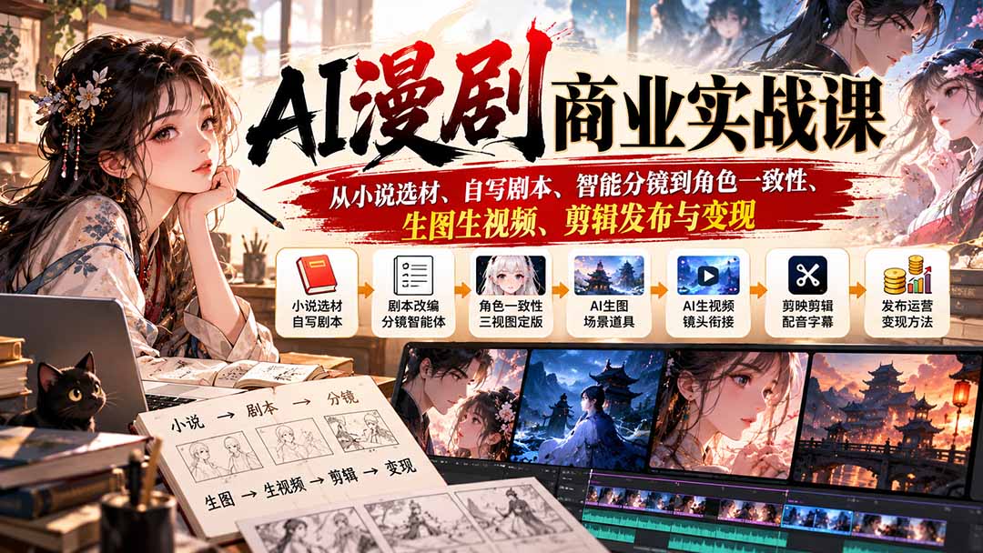 （20811期）AI漫剧商业实战课：从小说选材、自写剧本、智能分镜到角色一致性、生图生视频、剪辑发布与变现-赛德副业库