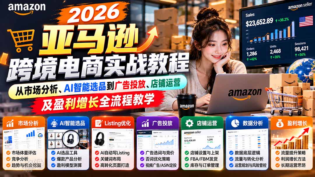 (21189期)2026亚马逊跨境电商实战教程-更新1027,从市场分析、AI智能选品到广告投放、店铺运营及盈利增长全流程教学-赛德副业库