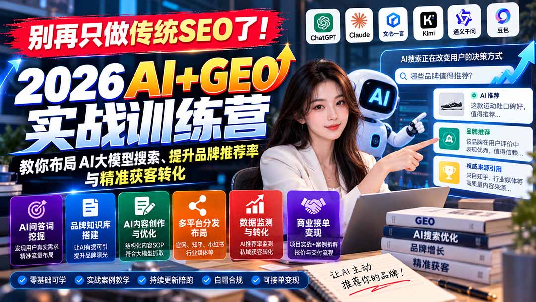 (21191期)别再只做传统SEO了!《2026AI+GEO实战训练营》教你布局AI大模型搜索、提升品牌推荐率与精准获客转化-赛德副业库