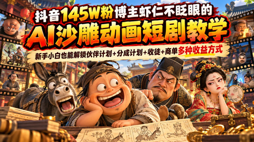 抖音145W粉博主虾仁不眨眼的AI沙雕动画短剧教学,新手小白也能解锁伙伴计划+分成计划+收徒+商单多种收益方式-赛德副业库