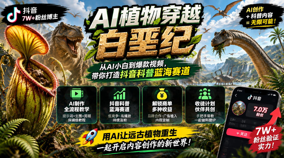 抖音7W粉丝博主的AI植物穿越白垩纪教学,抖音科普蓝海赛道,解锁商单收徒伙伴计划等多种收益-赛德副业库