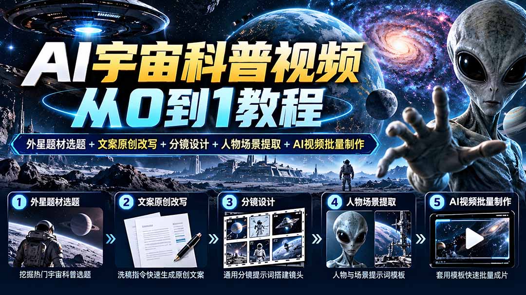 （20774期）AI宇宙科普视频从0到1教程｜外星题材选题+文案原创改写+分镜设计+人物场景提取+AI视频批量制作-赛德副业库