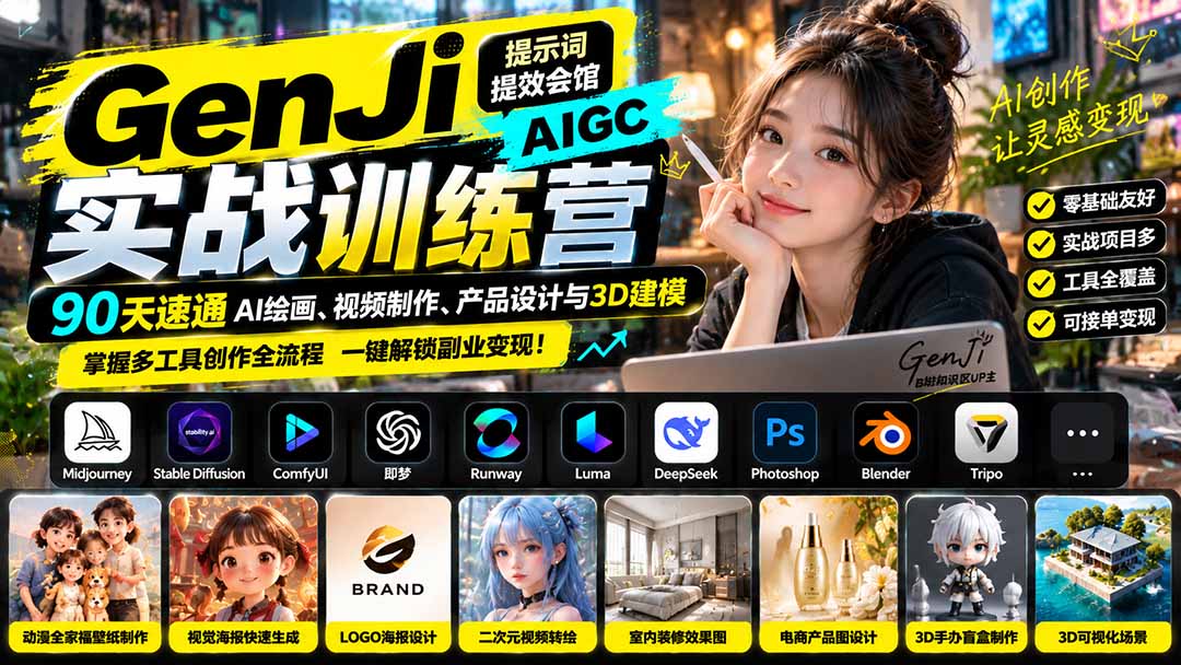 (21192期)GenJi AIGC实战训练营:90天速通AI绘画、视频制作、产品设计与3D建模,掌握多工具创作全流程-赛德副业库