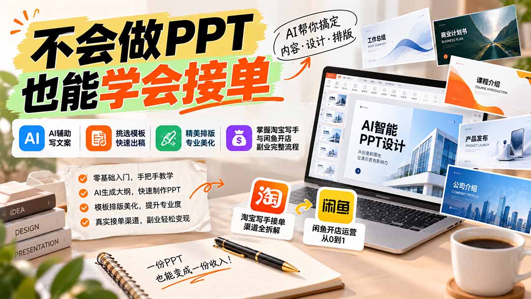 (20945期)不会做PPT也能学会接单:AI辅助写文案、挑模板、做排版,掌握淘宝写手与闲鱼开店副业完整流程-赛德副业库