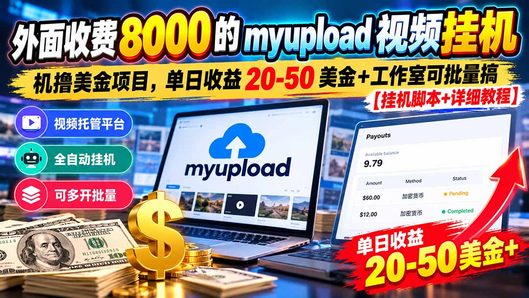 （20948期）外面收费8000的myupload视频挂机撸美金项目，单日收益20-50美金+工作室可批量搞【挂机脚本+详细教程】-赛德副业库