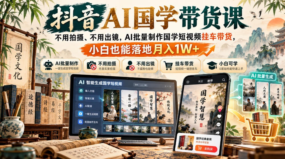 抖音AI国学带货课,不用拍摄、不用出镜,AI批量制作国学短视频挂车带货,小白也能落地月入1W+-赛德副业库