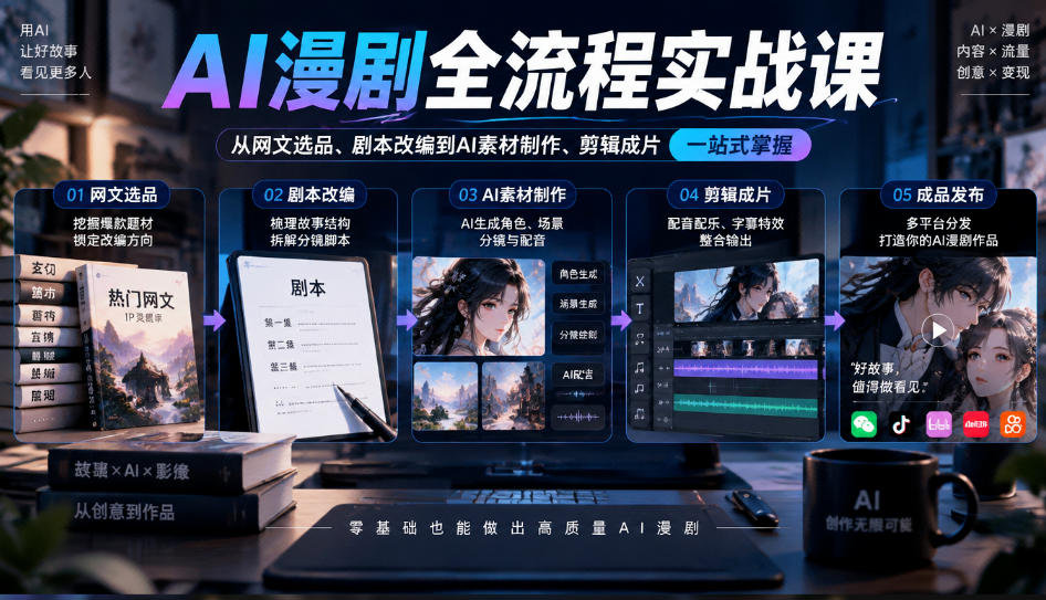 AI漫剧全流程实战课,覆盖从网文选品、剧本改编到AI素材制作、剪辑成片的完整链路-赛德副业库