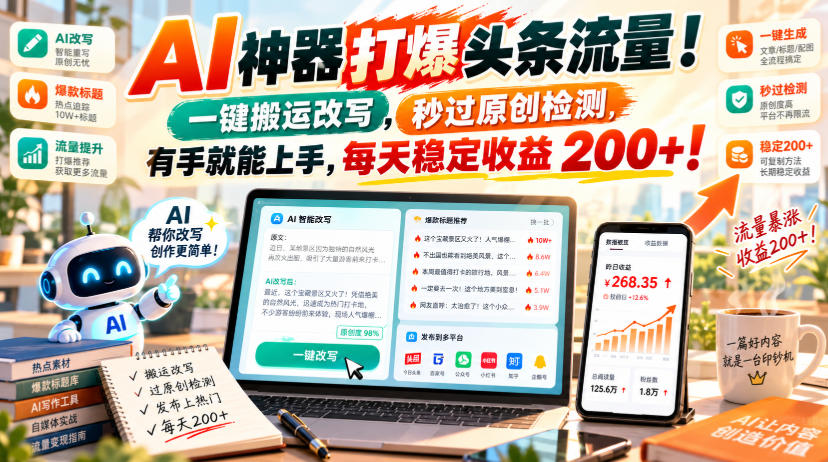 AI神器打爆头条流量，一键搬运改写，秒过原创检测，有手就能上手，每天稳定收益200+！【揭秘】-赛德副业库