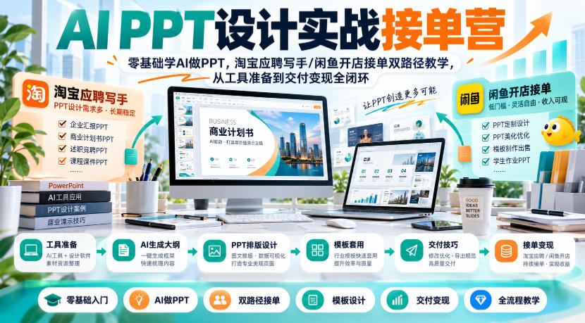AI PPT设计实战接单营｜零基础学AI做PPT，淘宝应聘写手/闲鱼开店接单双路径教学，从工具准备到交付变现全闭环-赛德副业库