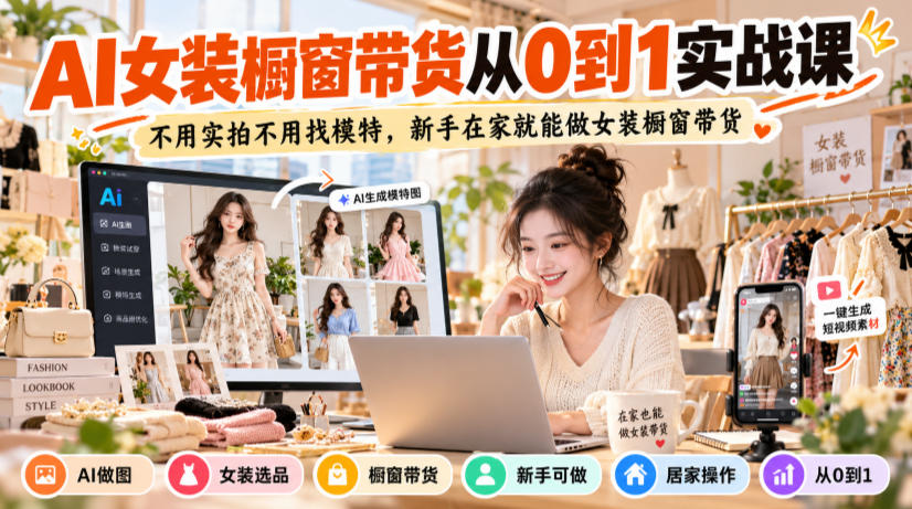 AI女装橱窗带货从0到1实战课，不用实拍不用找模特，新手在家就能做女装橱窗带货-赛德副业库