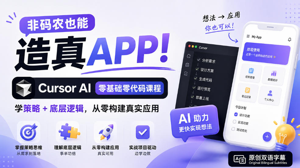 非码农也能造真APP!Cursor AI零基础零代码课程:学策略+底层逻辑,从零构建真实应用【原创双语字幕】-赛德副业库