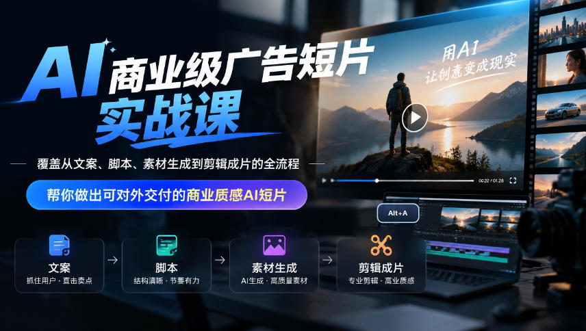 AI商业级广告短片实战课，覆盖从文案、脚本、素材生成到剪辑成片的全流程，帮你做出可对外交付的商业质感AI短片-赛德副业库