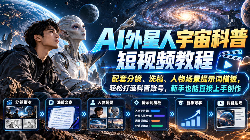 AI外星人宇宙科普短视频教程,配套分镜、洗稿、人物场景提示词模板,轻松打造科普账号,新手也能直接上手创作-赛德副业库