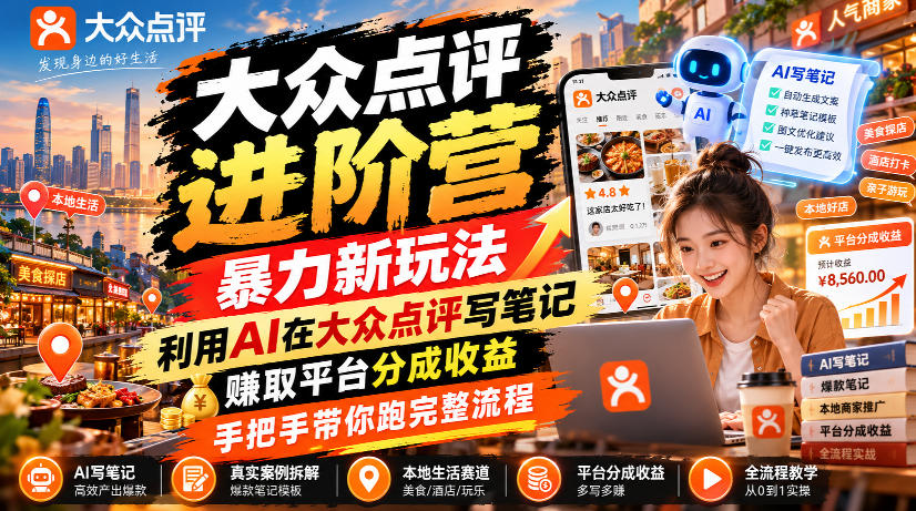 大众点评进阶营,暴力新玩法,利用AI在大众点评写笔记, 賺取平台分成收益,手把手带你跑完整流程-赛德副业库