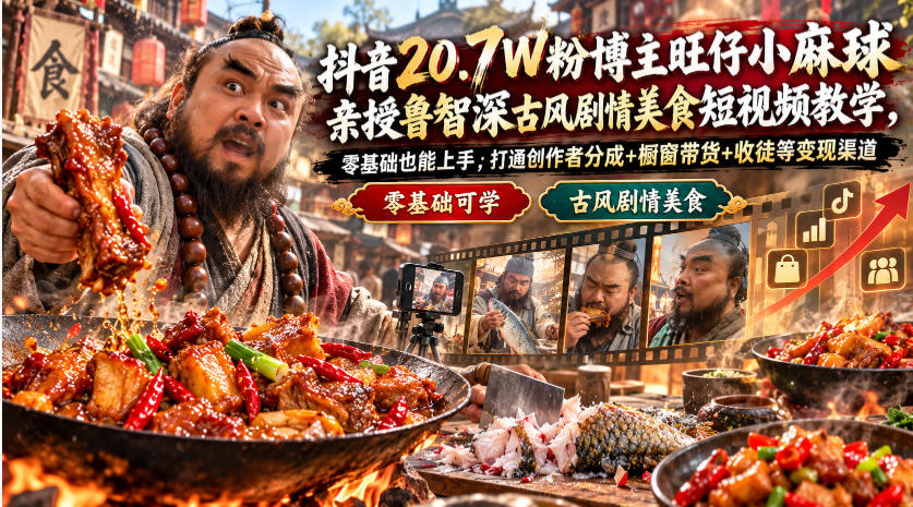 抖音20.7W粉博主旺仔小麻球亲授鲁智深古风剧情美食短视频教学,零基础也能上手,打通创作者分成+橱窗带货+收徒等变现渠道-赛德副业库